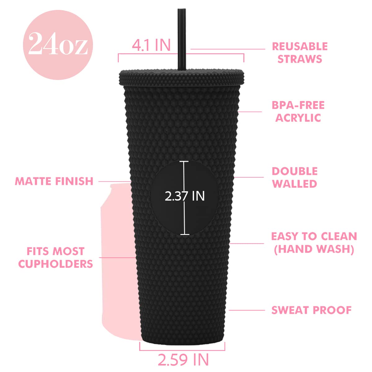 Essasea 24Oz Diy Studded Tumbler.Matte Black Studded Tumbler With Lid And Straw.Reusable Double Walled Insulated Travel Tumbler.