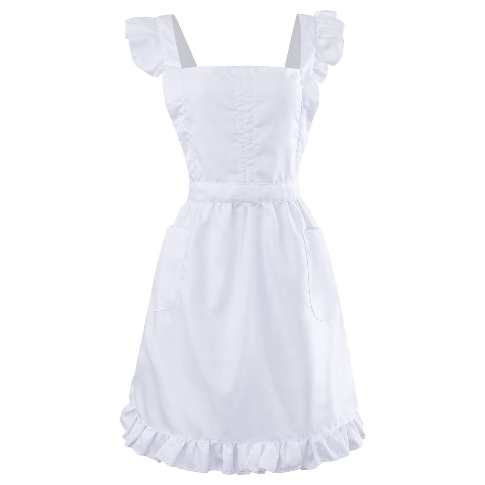 Geyoga Aprons for Women with Pockets Kitchen Cooking Waitress Maid Apron Vintage Skirt Cute Ruffle Dress Costume(White,Long Styl