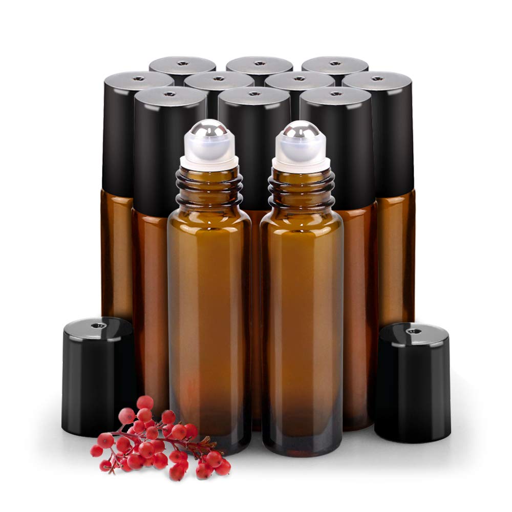 Sungwoo 12 Pack Essential Oil Roller Bottles Stainless Steel, 10Ml Amber Glass Roller Bottles With Caps For Travel, Perfume And