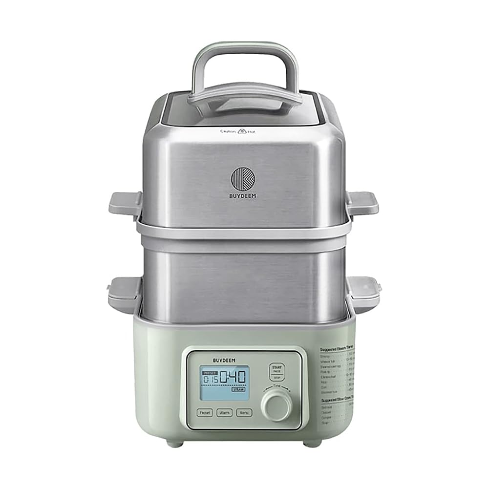 Buydeem G563-A501 Electric Food Steamer For Cooking, 2 Tire Stainless Steel Steamer With Slow Cook Mode, 1500W, 10-Quart, Green