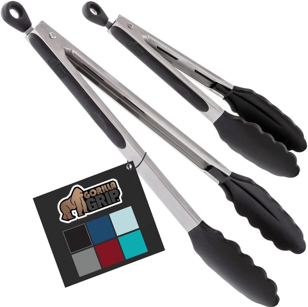 Gorilla Grip Stainless Steel Heat Resistant Bbq Kitchen Tongs Set Of 2, 12 And 14 Inch, Non Scratch Silicone Tip For Nonstick Co