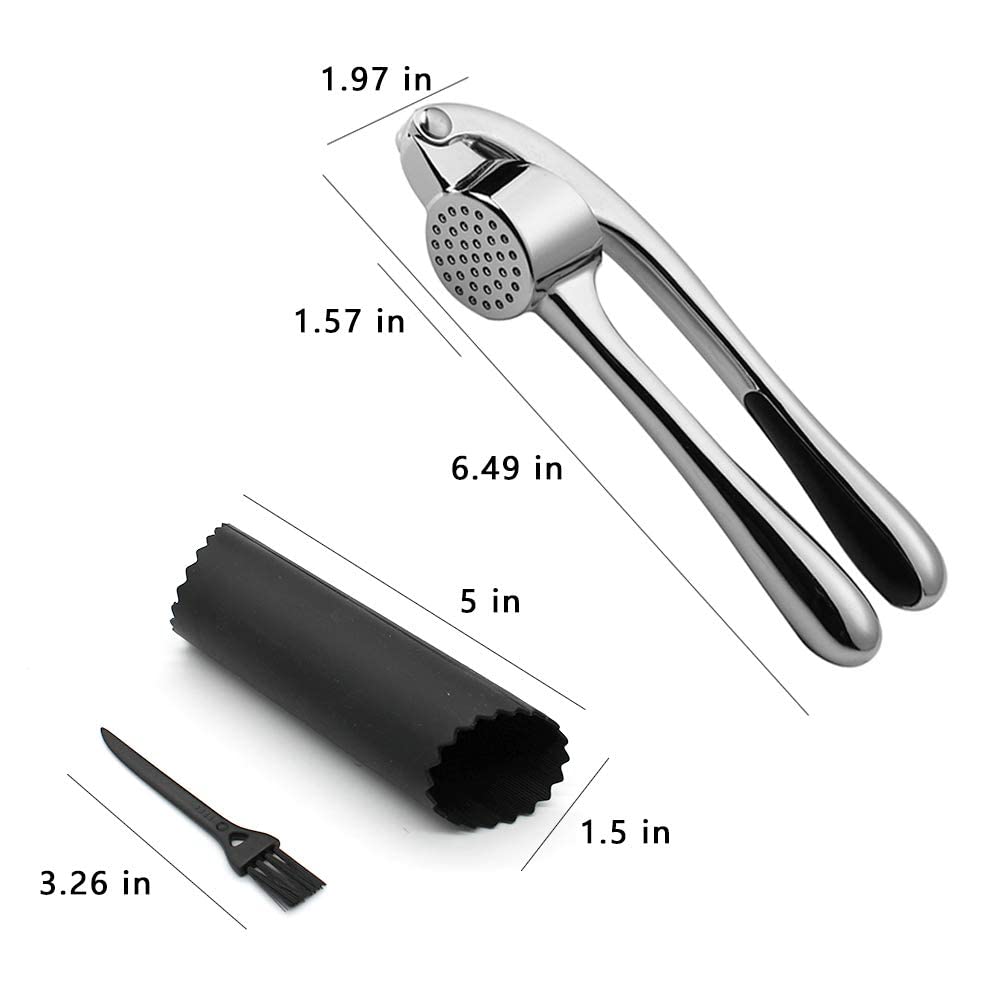 Garlic Press, Stainless Steel Garlic Press Tool With Cleaning Brush And Silicone Garlic Peeler 3 Pcs By Lechay