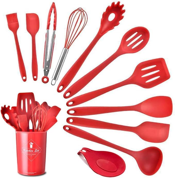 Non Stick Silicone Spatula Spoon Laddle Utensil Set For Kitchen Cookware Tool Set, 12 Pcs (Red)
