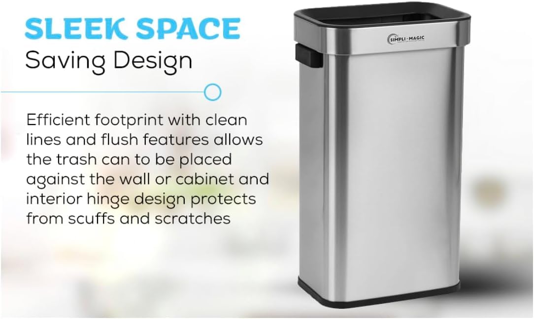 Simpli-Magic 70 Liter / 18.5 Gallon Open Top Trash Can With Stainless Steel, Sleek Finish, Rectangle