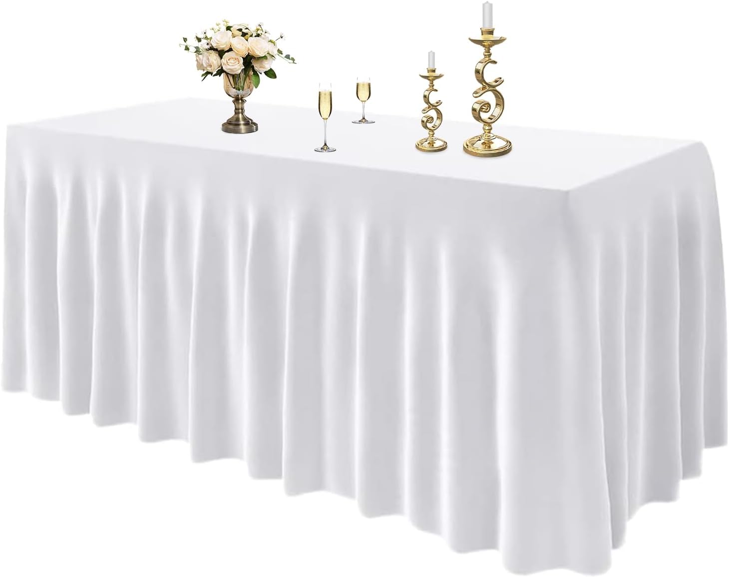 Emart Rectangle Table Skirt For 6Ft, White Spandex Tablecloth Wrinkle Resistant Cover For Banquet Wedding Birthday Party