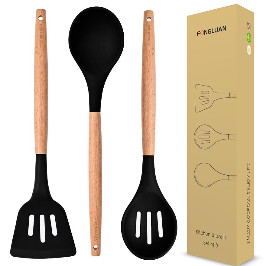 Fongluan Kitchen Utensils. Set Of 3, Silicone Cooking Utensils Set, Turner/Spatula, Spoons With Wooden Handle, Heat Resistant, N