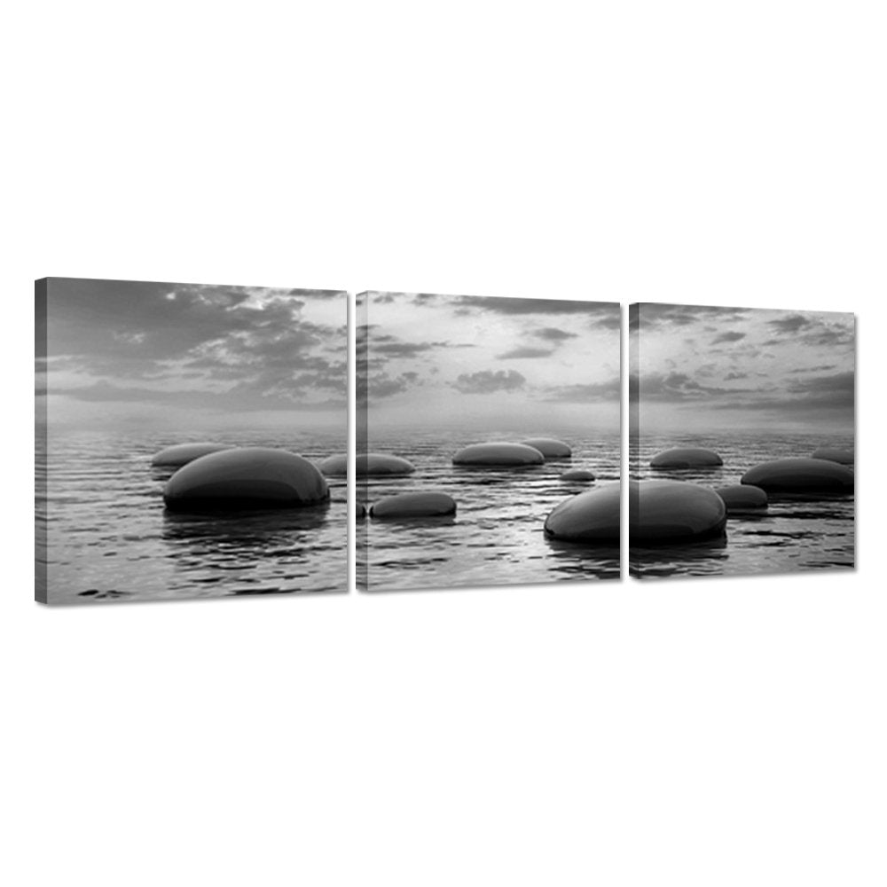 Hello Artwork 3 Panels Black And White Sea Rock Stone Zen Wall Art Seascape Painting Pictures Print For Home Office Bedroom Bath