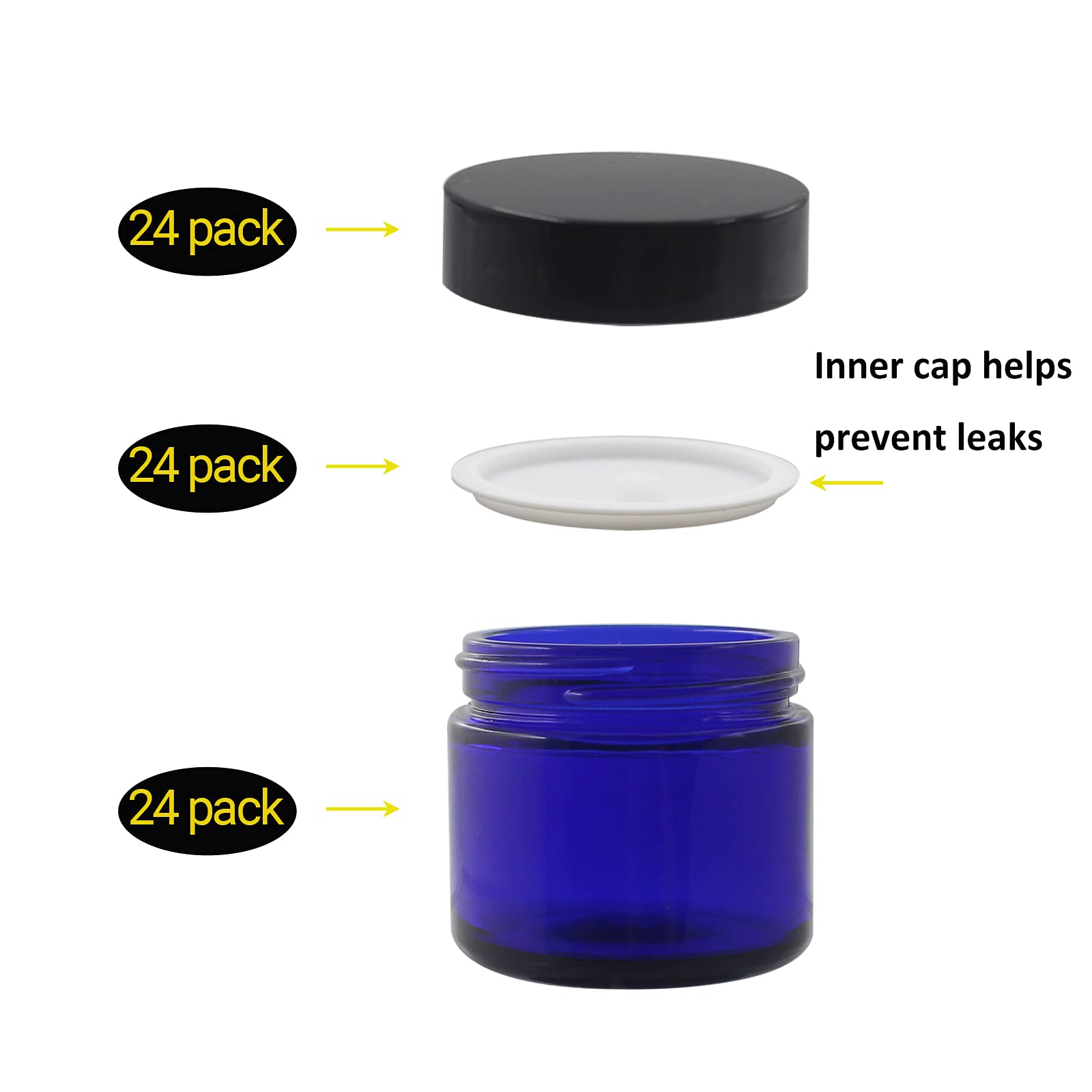 Bpfy 24 Pack 2 Oz Round Blue Glass Cosmetic Jars With Inner Liners And Black Lids, Travel Jars, Refillable Containers For Makeup