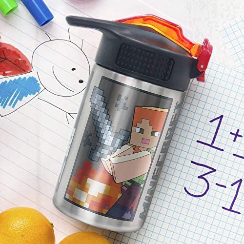 Zak Designs Minecraft - Stainless Steel Water Bottle With One Hand Operation Action Lid And Built-In Carrying Loop, With Straw S