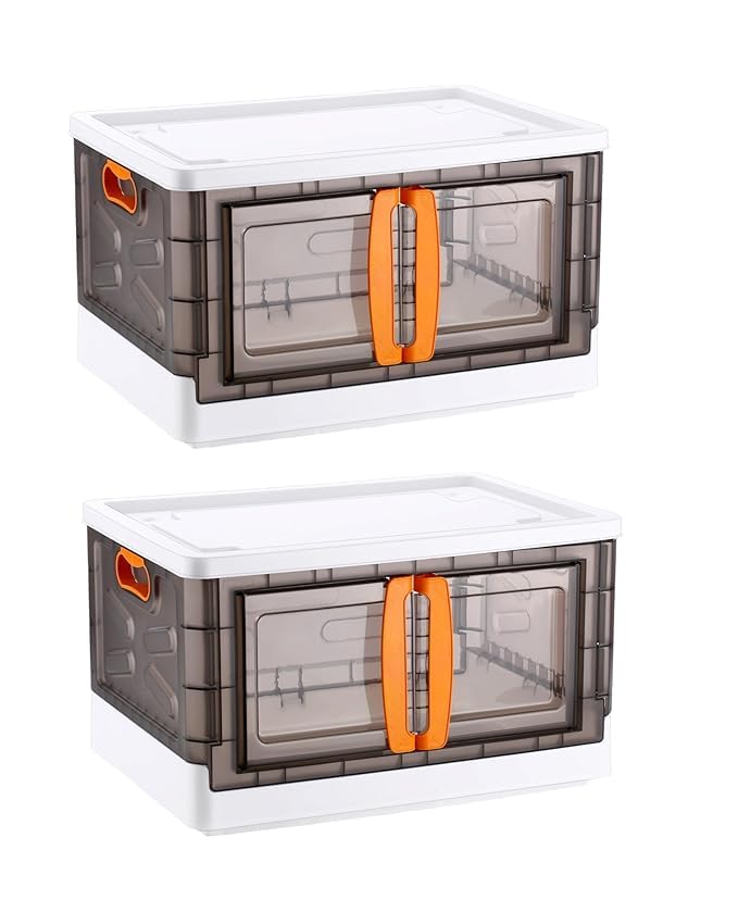 Arto Plastic Storage Bins Pack Of 2, 70L Collapsible Stackable Boxes For Kitchen, Closet & Pantry Organization, Large Foldable C