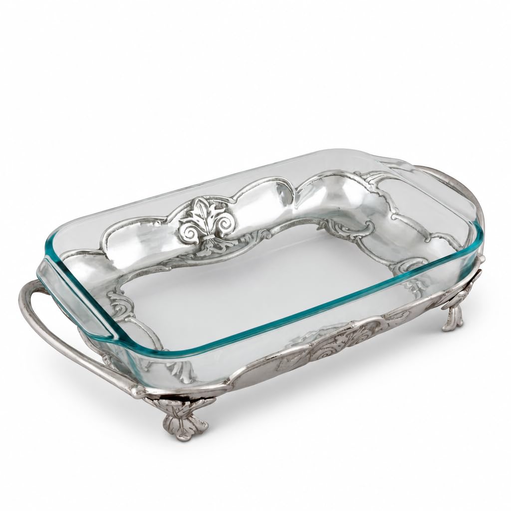 Arthur Court FleurDeLis Pyrex Holder 3qt Aluminum Casserole Dish Stand 17 Inch Long Elegant Serveware