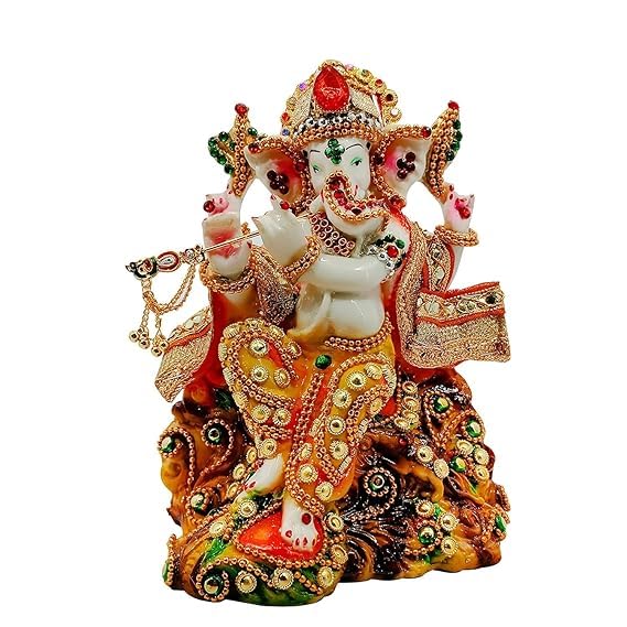 Ani Divine Dressed Ganesh Chowki (Marble Dust) 10 Inches Ganesha Idol Statue Ganpati Ji Murti Vinayaka Vighnharta Idol For Home