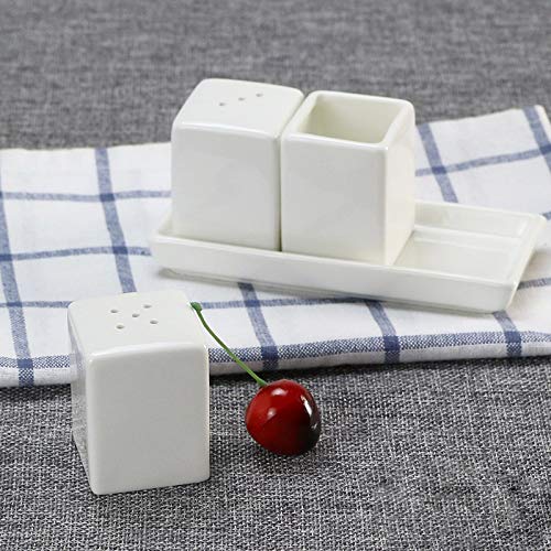 Sizikato Set Of 4 Pure White Porcelain Salt And Pepper Shakers And Toothpick Holder And Tray.