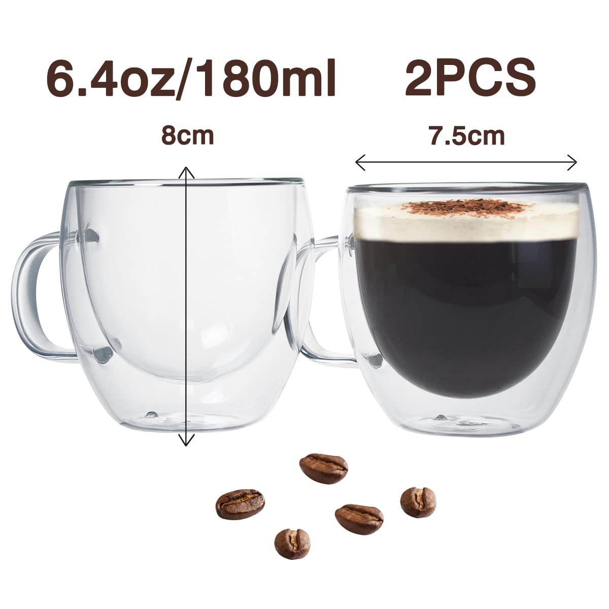 Kitchenexus Glass Espresso Cups, Set Of 2 6Oz Double Wall Thermo Insulated Glass Espresso Shot Cups Set With Handle, Espresso Mu