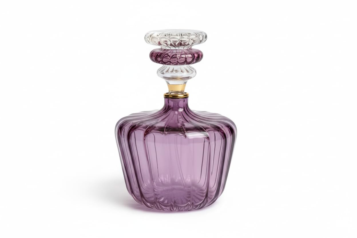 Les Trois Pyramides Handblown Violet Perfume Bottle with 14K Gold Accents | Refillable Fragrance Decanter | Ribbed Decorative Ar