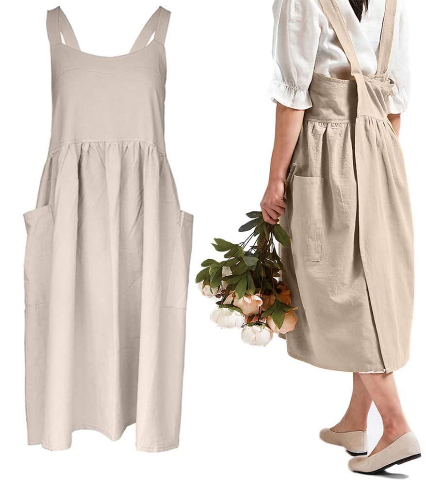 losofar Women Girls Vintage Apron - Cross Back Cotton/Linen Blend, Beige, 32.3×41.3inch, Pinafore Dress with Two Pockets