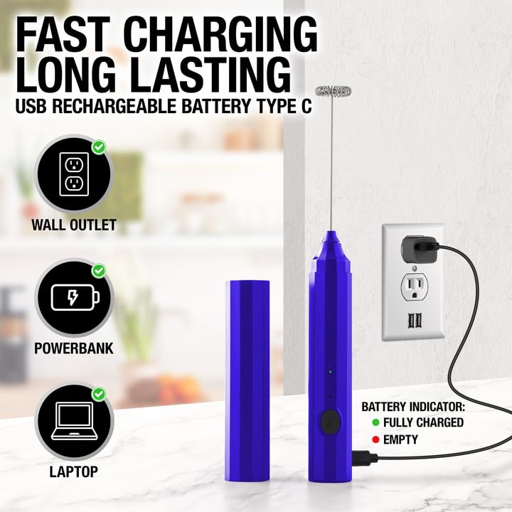 Zulay Froth N Go Milk Frother Rechargeable - 3-In-1 Frother Wand With Case & Usb-C Charger - Comes With 3 Whisk Attachments For