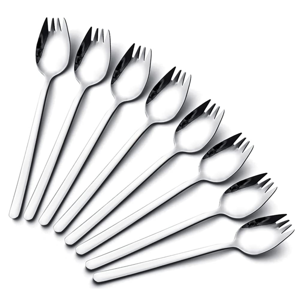 Iqcwood Sporks Stainless Steel, Salad Forks, 8 Pack 18/10 Stainless Steel Sporks, 7.4 Inches Long Handle Dessert Spoons, Ice Cre