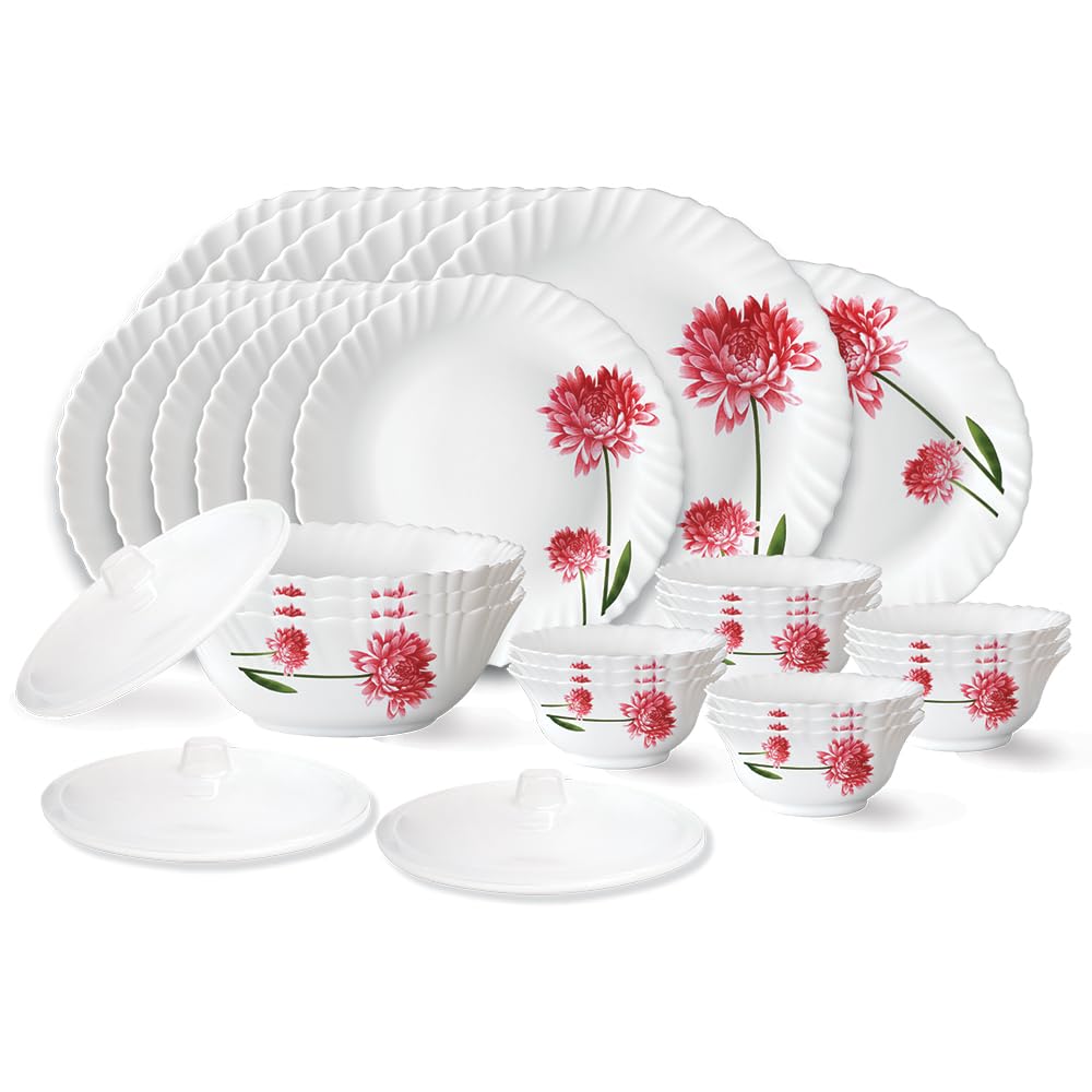 Larah By Borosil Belle Fluted Series Opalware Dinner Set | 31 Pieces For Family Of 6 | Microwave & Dishwasher Safe | BoneAsh Fr