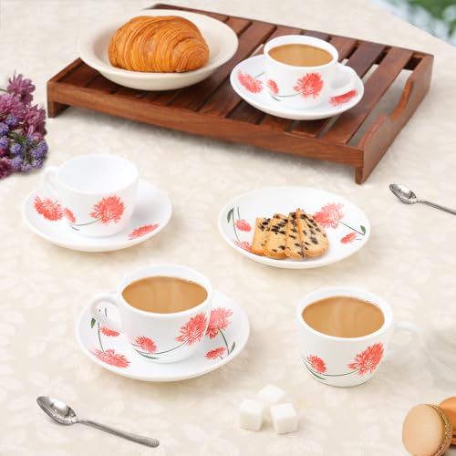 Larah By Borosil Belle Opalware Cup And Saucer Set Of 8 Pcs | Tea/Coffee Cups 140 Ml | Microwave & Dishwasher Safe | BoneAsh Fr