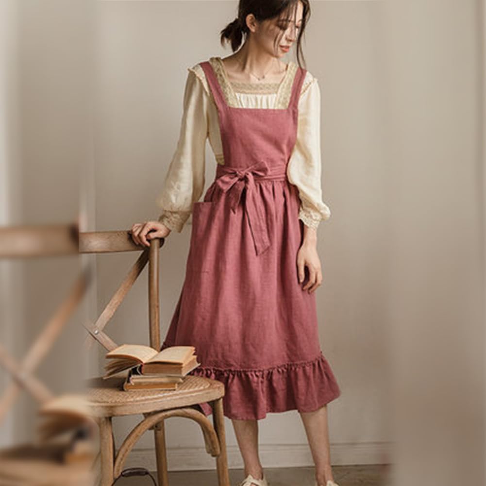 Obeeii Apron For Women Girls Cute Cotton Linen Kitchen Cooking Apron Dress With Pockets Vintage Ruffle Apron Pinafore Dress Baki