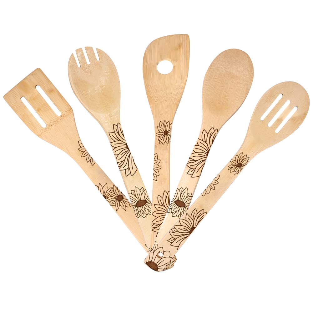 Hygnn Simple Sunflower Wooden Cooking Spoons,Organic Engraved Bamboo Utensils,Kitchen Decor Wedding Birthday Mom Anniversary, Or