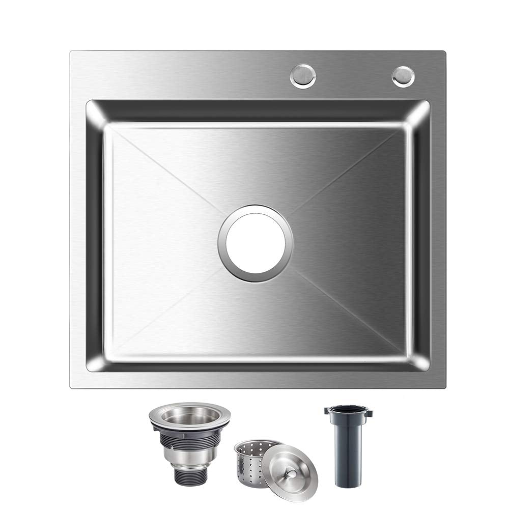 Rovogo Drop-In 21.7 X 17.7 In. Stainless Steel Single Bowl 2-Hole Kitchen Sink, Top Mount Handmade Bar Prep Sink With Drain