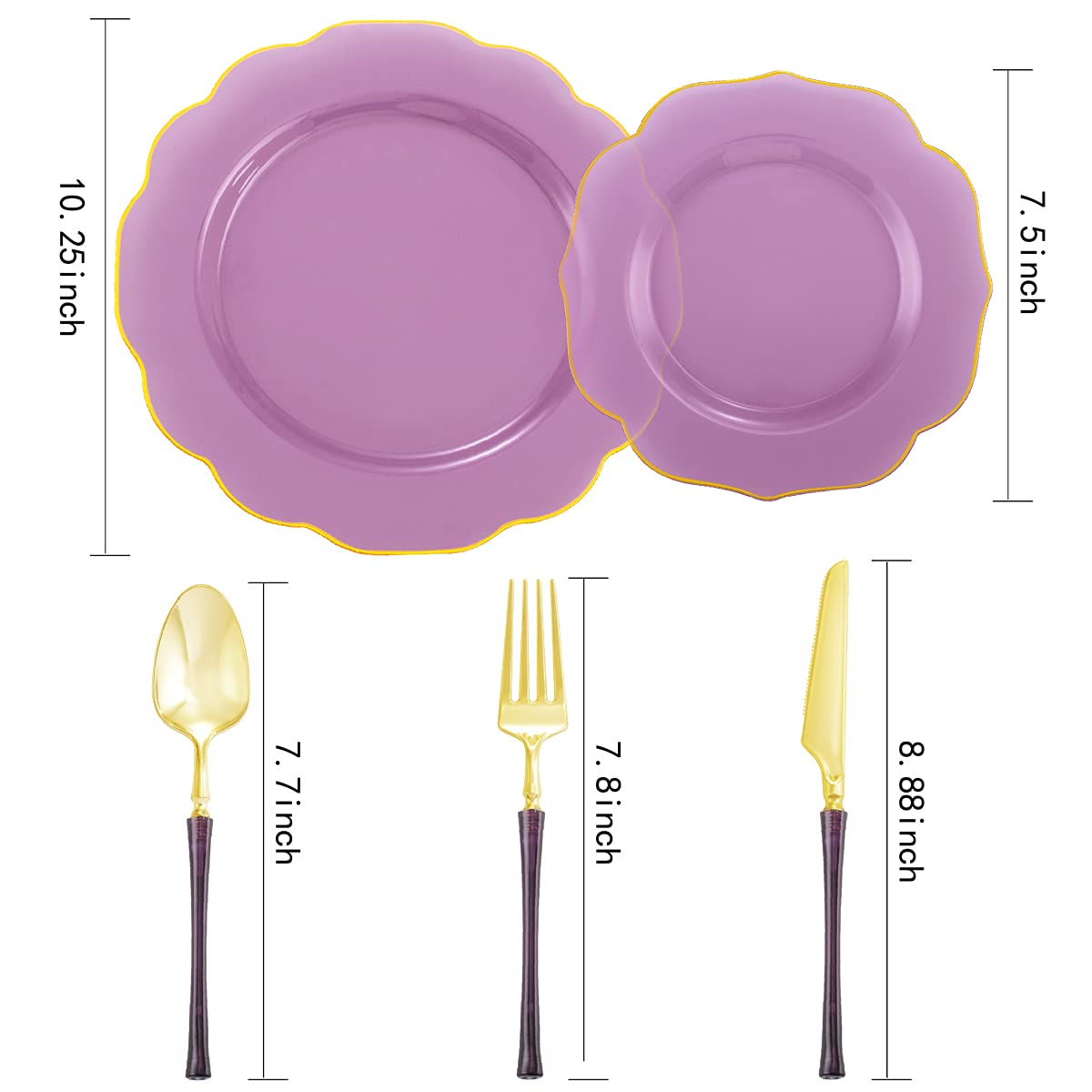 Ciaell 120Pcs Clear Purple Plastic Plates - Purple Party Plates - Disposable Gold Plastic Plates Including 48Plates, 24Forks, 24