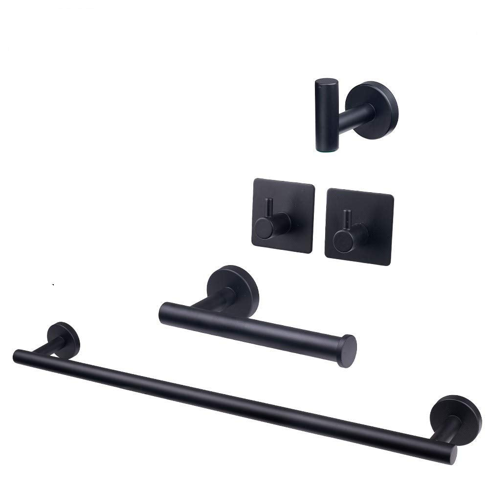 TocTen 5 PCS Bathroom Hardware Set SUS304 Stainless Steel-Towel Rack Set Include Lengthen Hand Towel Bar+Toilet Paper Holder+3 Robe Towel Hooks Bathroom Accessories Towel Bar Set (Matte Black  16IN)