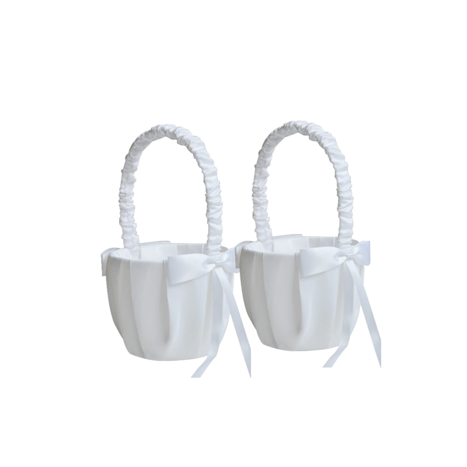 Flower Girl Basket, White Wedding Girl Flower Basket with Simple Cute Royal Bow Lace Satin Ribbon Pearl Rhinestones for Wedding 
