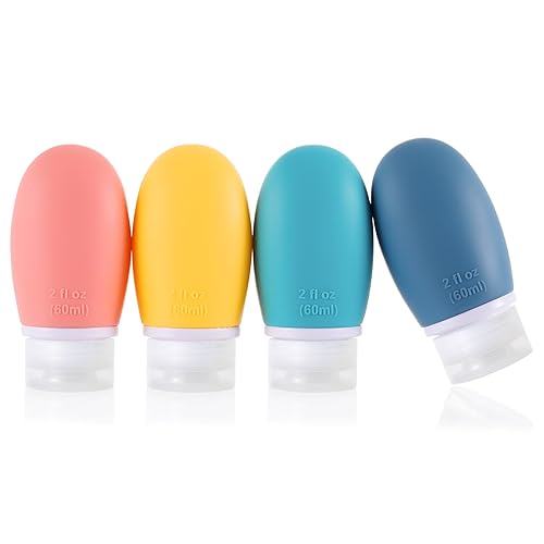 Leak Proof Silicone Travel Bottles 4 Pack 2oz Liquid Squeezable Refillable Portable Travel Accessories/Cosmetic Containers BPA Free Travel Size Bottles for Toiletries Shampoo Conditioner Lotion