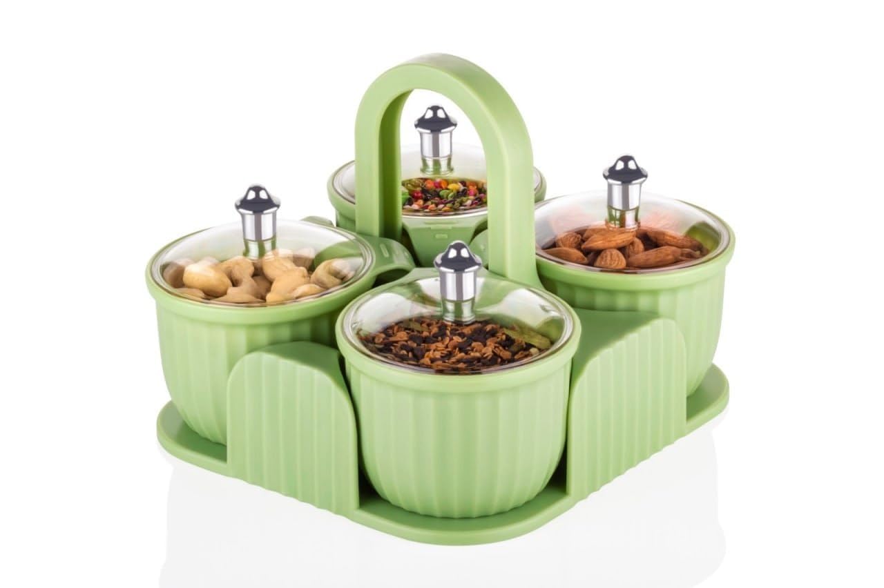Shriyam Craft Dry Fruit Serving Set With Handle, Green, 4 Containers With Transparent Lids, Snack Plastic Jar