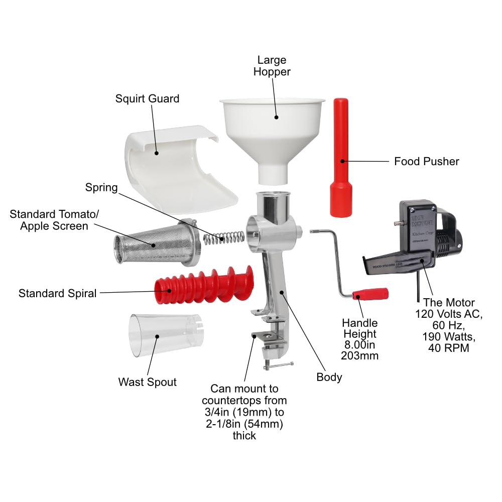 Johnny Apple Sauce Maker, Tomato Sauce Maker, Remove Skins & Seeds From Produce, Model 250 Clamp Based Food Strainer With Electr