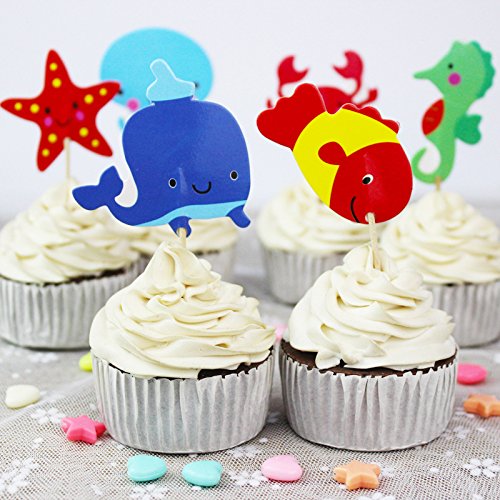 iMagitek 48 Pcs Ocean Sea Animal Cupcake Toppers for Under the Sea Theme Party and Kids Birthday Party