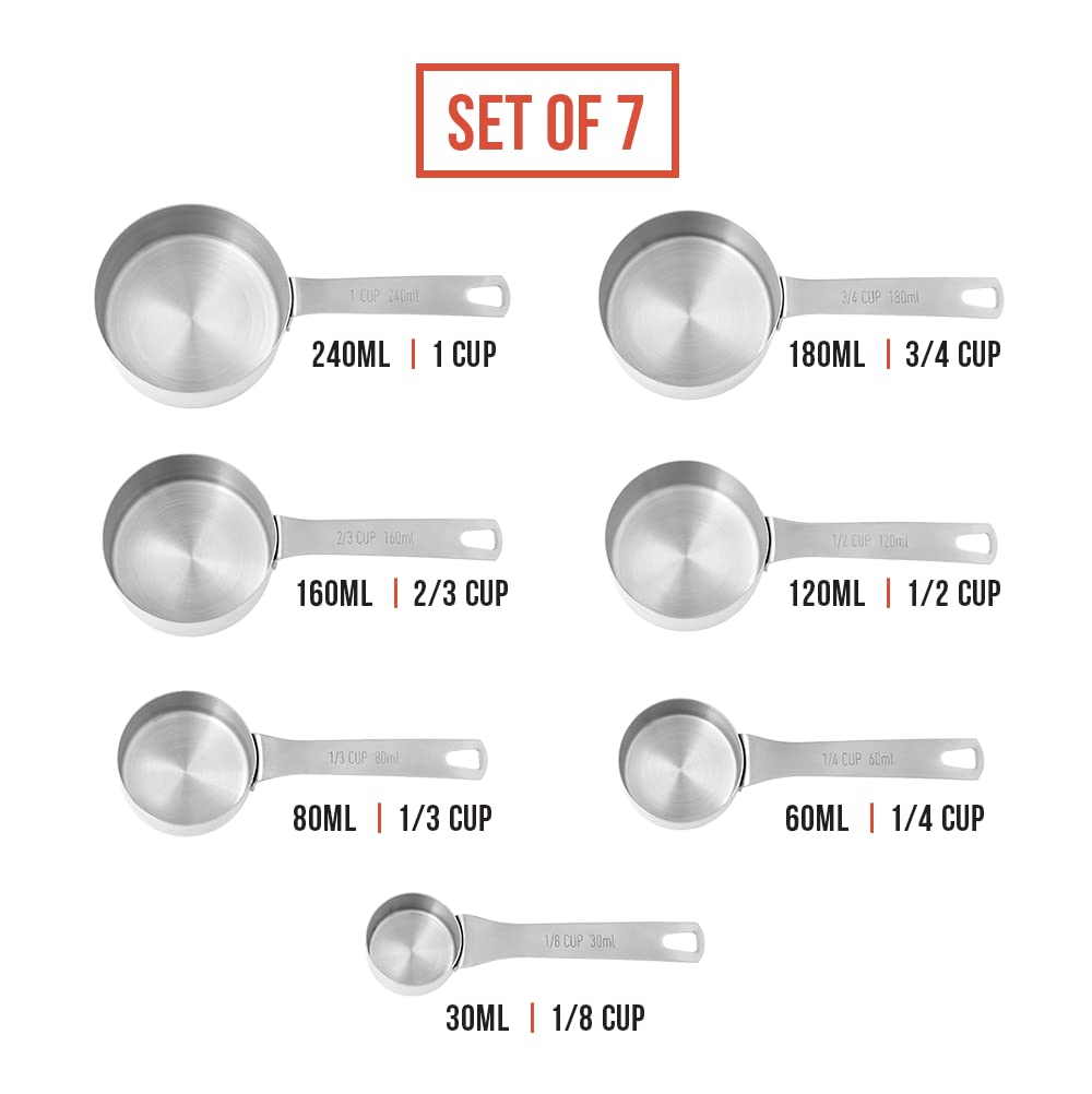 Chef Pomodoro Stainless Steel Measuring Cup Set, Nested And Stackable With 7 Pieces, Sturdy Extra-Long Handles With Lasered Mark