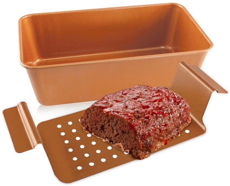 Ihanini Non-Stick Meatloaf Pan 2-Piece Healthy Meatloaf Pan Set Copper Coating With Removable Tray Drains Oven And Dishwasher Sa