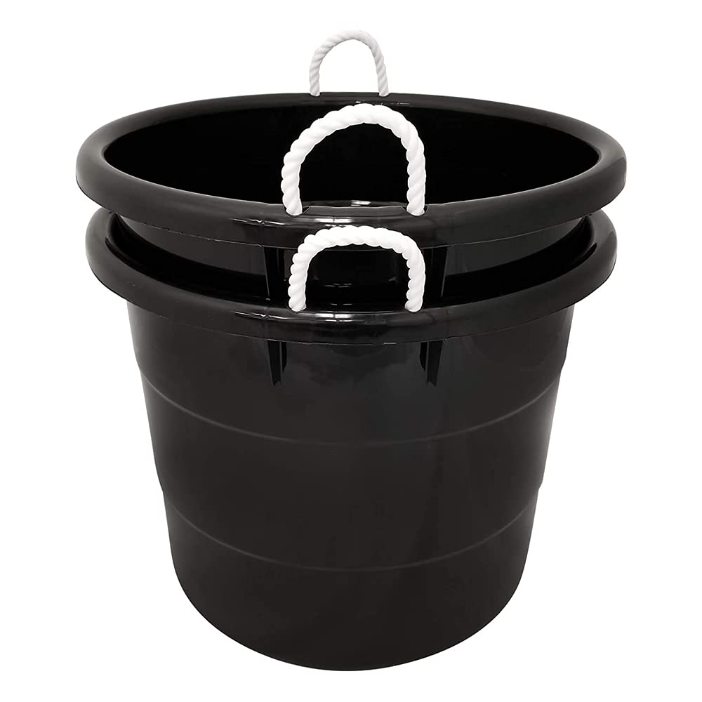 Homz 18 Gallon Plastic Multipurpose Utility Storage Bucket Tub With Strong Rope Handles For Indoor And Outdoor Use, Black, (2 Pa