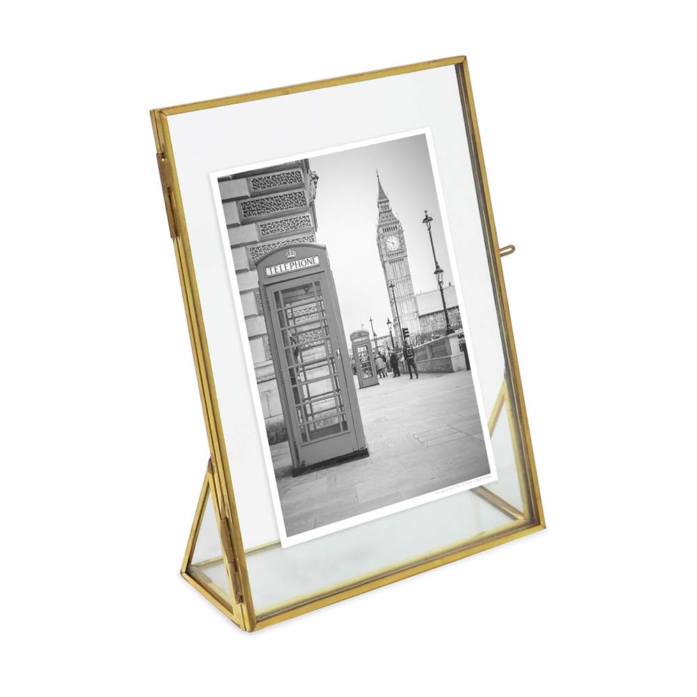 Isaac Jacobs 5x7, Antique Gold, Vintage Style Brass and Glass, Floating Photo Frame, Metal, (Vertical), with Locket Closure and 