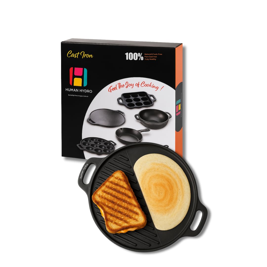 Human Hydro Pre-Seasoned Cast Iron 2-In-1 Dosa Tawa (30Cm) | Flat & Grill Reversible Pan | Naturally Non-Stick, Non-Toxic, Gas &