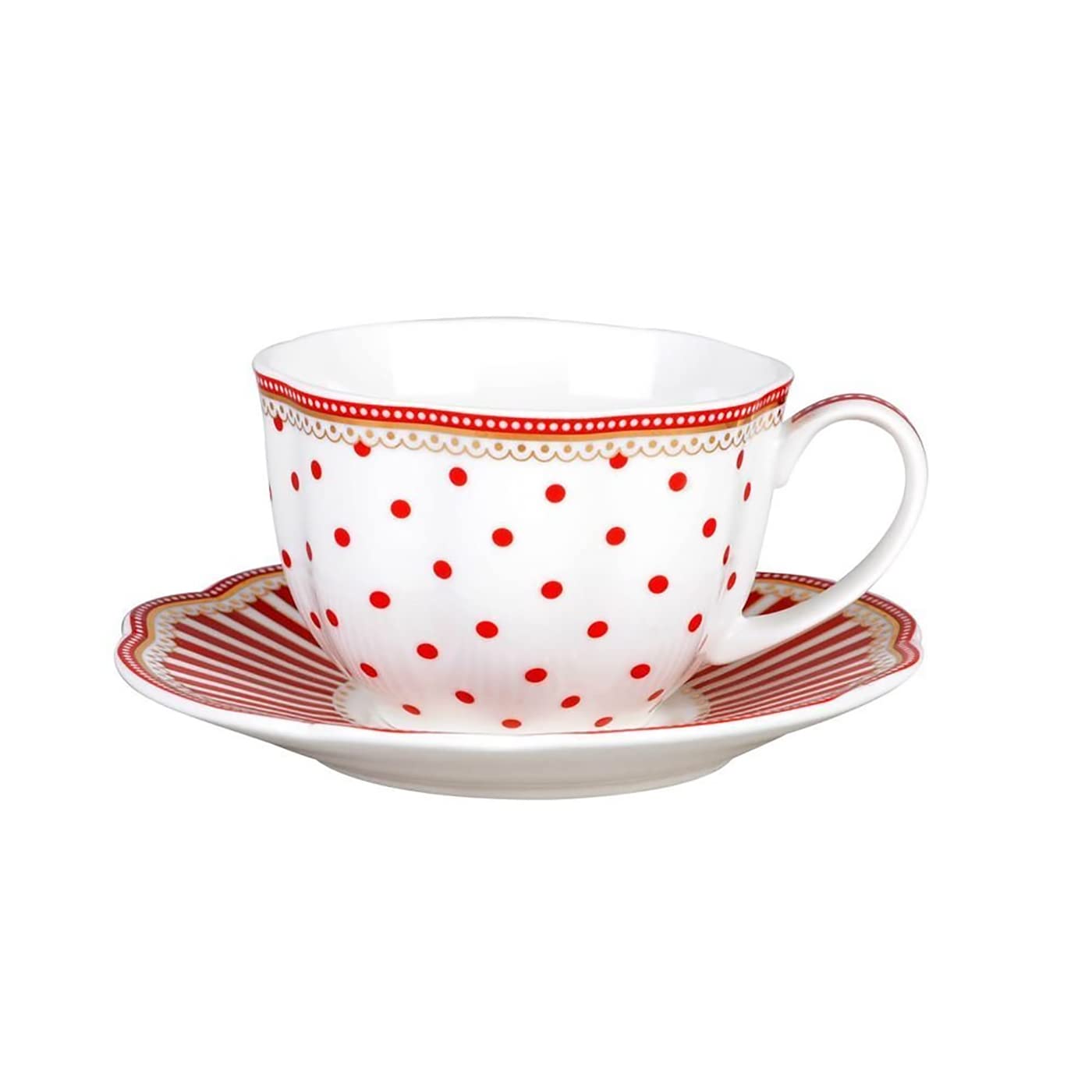 Grace Teaware Red Dot Stripes Scallop 9-Ounce Porcelain Tea/Coffee Cup And Saucer, Set Of 2 (G1960264Rd-2)