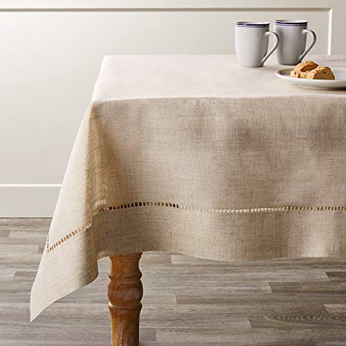 Saro Lifestyle Poly And Linen Blend Toscana Tablecloth With Hemstitch Border, Natural, 60''
