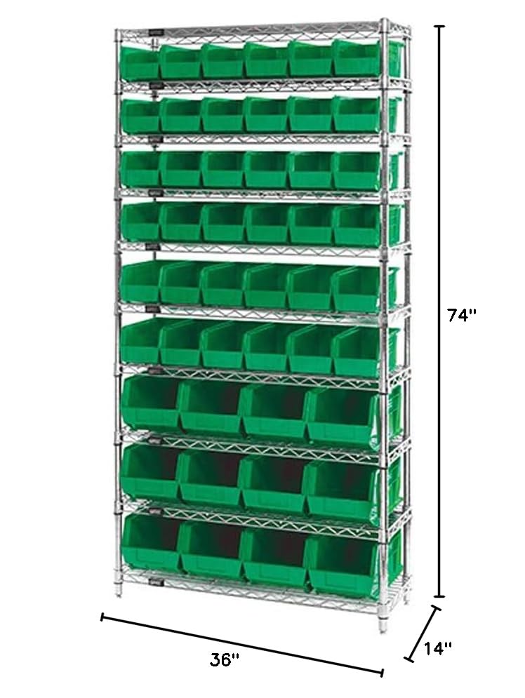 Bin System Unit, Stationary, Includes: (4) 74H Posts, (10) 36W X 14D Wire Shelves, (36) Qus230 And (12) Qus240 Green Bins, Chrom