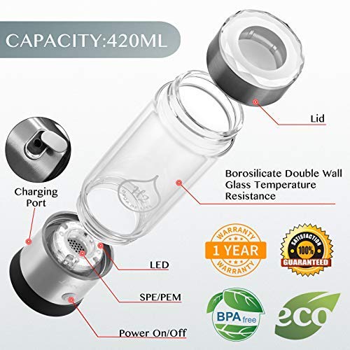 Level Up Way - Hydrogen Water Bottle Generator - New Technology Glass Water Ionizer - Spe Ionic Membrane - High Borosilicate Gla