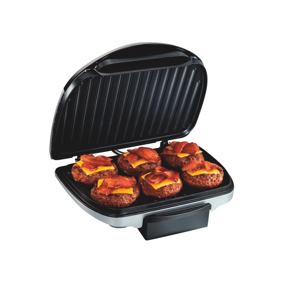 Hamilton Beach Electric Indoor Grill, 6-Serving, Large 90 Sq. In. Nonstick Easy Clean Plates, Floating Hinge For Thicker Foods,