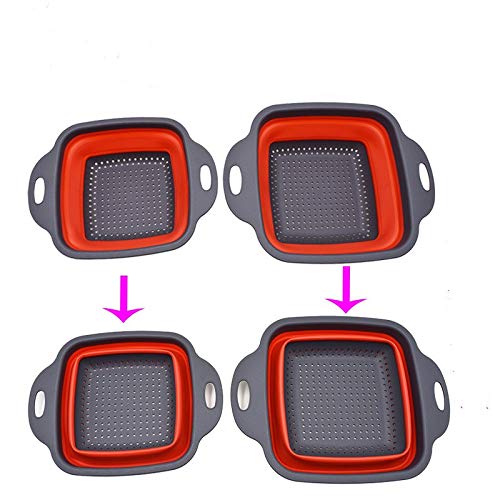 Square Collapsible Colander Set,2 Collapsible Colanders (Strainers) Set By Hdhyk - Includes 2 Folding Strainers (Red & Grey)
