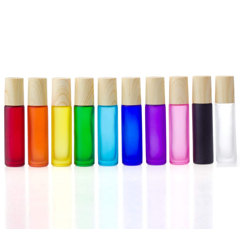Essential Oil Roller Bottles,5 Pack 10Ml Colorful Frosted Glass Roller Bottles With Stainless Steel Roller Balls,Wood Grain Lid