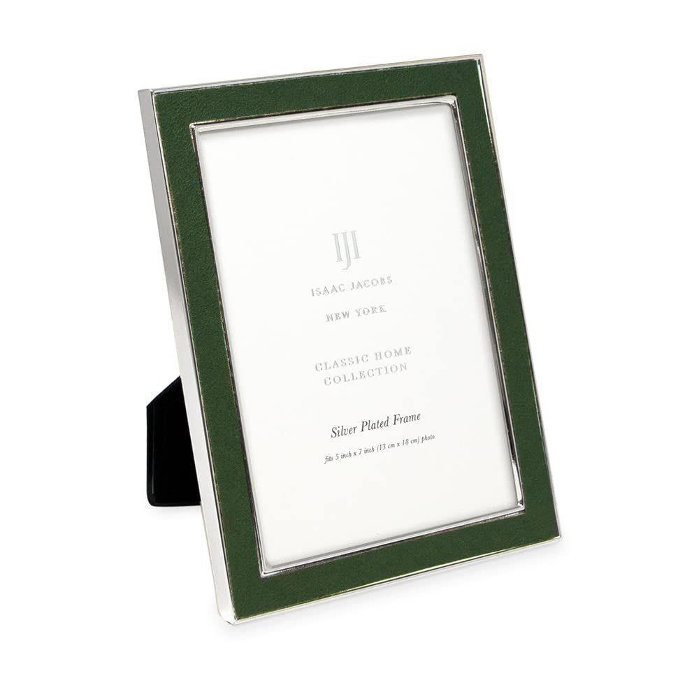 Isaac Jacobs 5x7 Olive Leather with Silver Metal (Vertical & Horizontal) Picture Frame, Suede Border w/Black Fabric Easel, Wall-