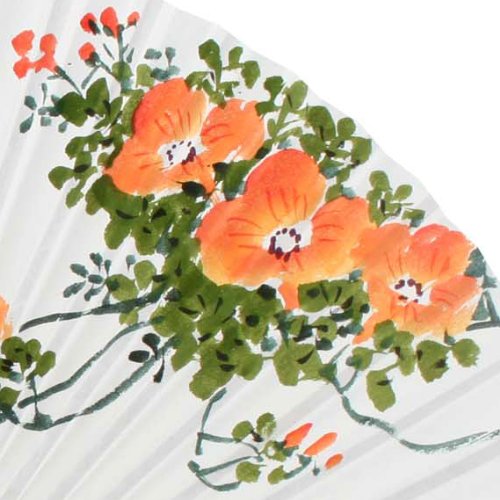 Hand Painted Folding Orange Flower and Bird Painting White Paper Bamboo Asian Oriental Wall Deco Korean Handheld Decorative Fan