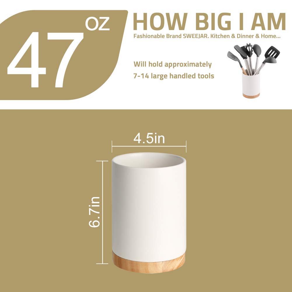 Sweejar Kitchen Utensil Holder With Wooden Bottom, 6.7'' Ceramic Utensil Crock To Hold Spatulas For Cooking Countertop, Housewar