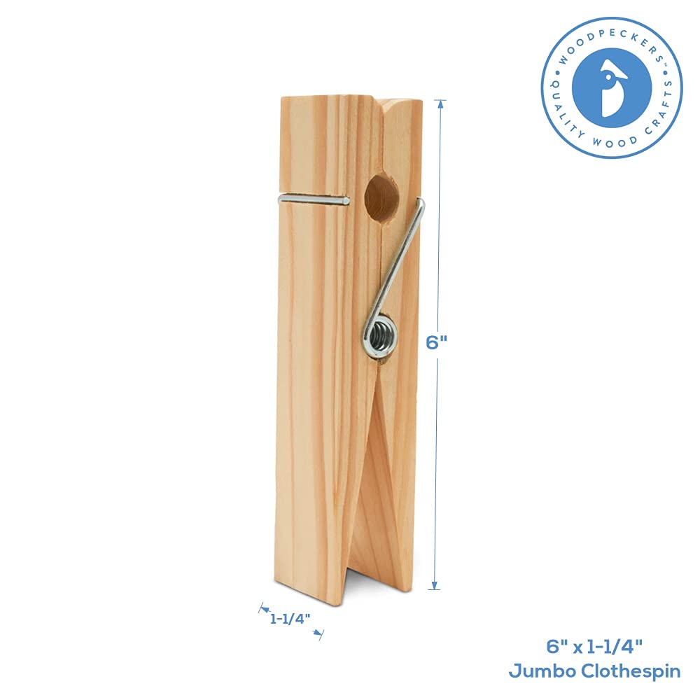 Woodpeckers Oversized Wooden Clothespins, 6-inch Heavy Duty, Natural Wood, Pack of 2 for DIY Laundry Room Décor and Crafts